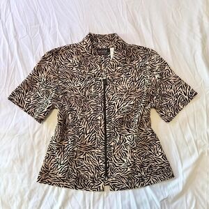 Vintage Melissa Harper Zebra Print Zipper Front Blouse Tan Black Size 10